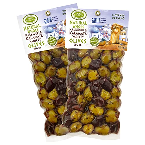 Aceitunas KORVEL - Aceitunas griegas - Mix de aceitunas Kalamata-Halkidiki con orégano- 500gr (2 x 250gr) - Envasado al vacío - Aceitunas con hueso - Producto griego - Producto natural