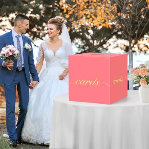 Image of Light Red Card Box Gold Foil Wedding Favors Gift Card Boxes Post Box Receiving Money Box Holder for Wedding Reception, Baby Showers, Anniversary, Birthday Party, Retirement, Graduation Envelope Holder