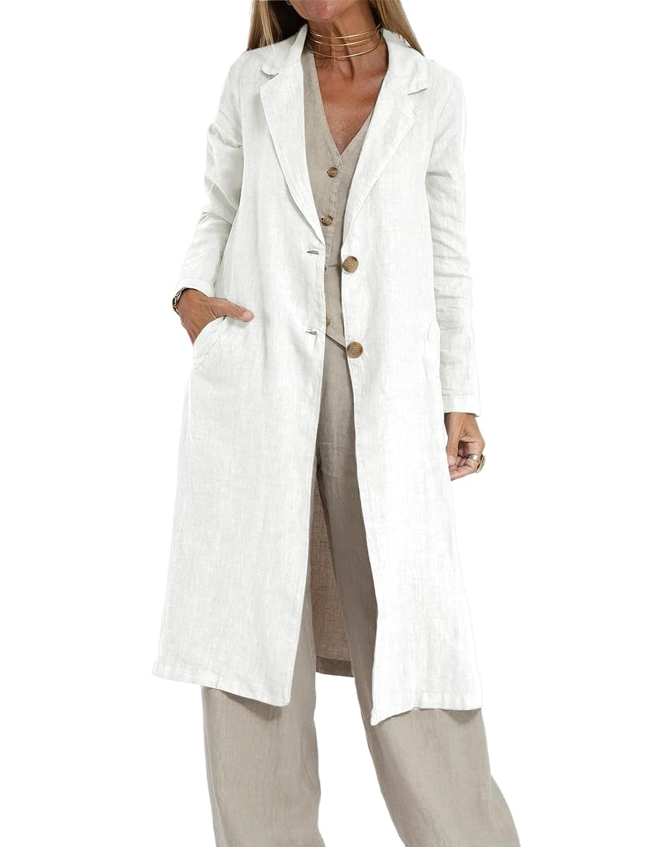 IDEALSANXUN Manteau long en lin pour femme, décontracté, léger, trench-coat