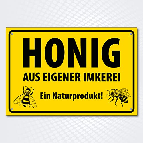 Hochwertiges Schild aus Alu-Dibond mit UV-Schutzlackierung \" HONIG AUS EIGENER IMKEREI \" 300 x 200 mm rechteckig | Ein Naturprodukt | Hinweisschild gelb schwarz mit Lochbohrung