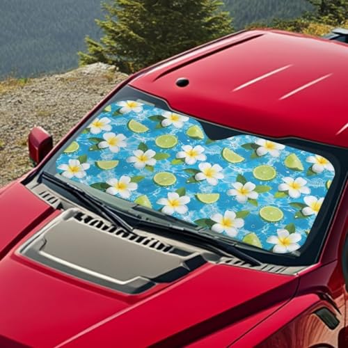 Image of Windshield Sun Shade Universal Fit for Most Cars SUVs Trucks Summer Lemon Floral Car Front Windshield Sunshade Blocks UV Rays and Keeps Your Vehicle Cool, Easy to Install