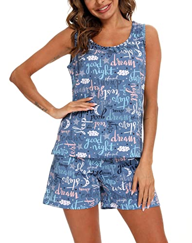 ENJOYNIGHT Damen Schlafanzug Kurz Sommer Pyjama Set Ärmellos Top und Shorts Nachtwäsche Frauen Baumwolle Hausanzug (Medium,Blauer Buchstabe)
