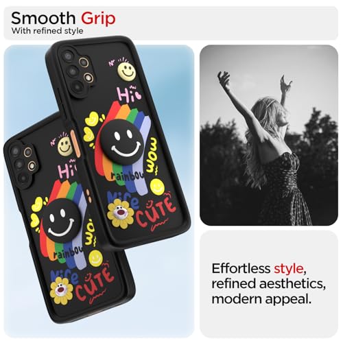 Image of Pikkme Back Cover for Samsung Galaxy A13 4G / A13 5G | Soft Silicone| Cute Rainbow Smile & 3D Cartoon Flower Design | Shockproof Raised Camera Protection Bumper Case (Black)