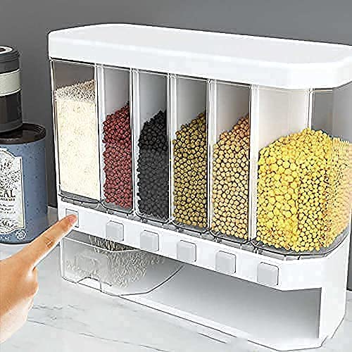 6 Compartment Wall Mount Cereal Dispenser with Measuring Cup & Lid Air Tight Dry Food Storage Container for Rice Grains Snacks Kitchen-image-44