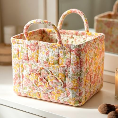 Image of Floral Storage Basket Boho Fabric Large Quilted Floral Foldable Baskets with Handles Nursery Laundry Basket Organizer Bin for Car Home Picnic
