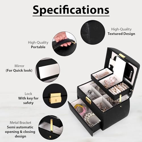 Image of KRISHYAM Luxury Lockable 3 Layer Leather Jewelry Box Organizerwith Mirror, Drawer & Key - Black Faux Leather Travel Case for Women & Girls