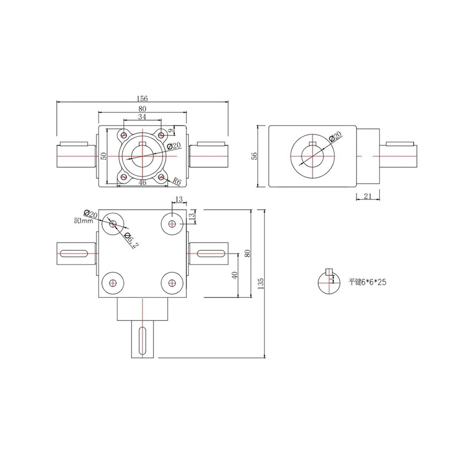 Reductor de engranaje dirección accionamiento angular, caja engranajes ángulo recto, conmutador 90 grados, módulo 2,5, 16 dientes, carga 20 NM, eje 2/3 | 3 Shaft