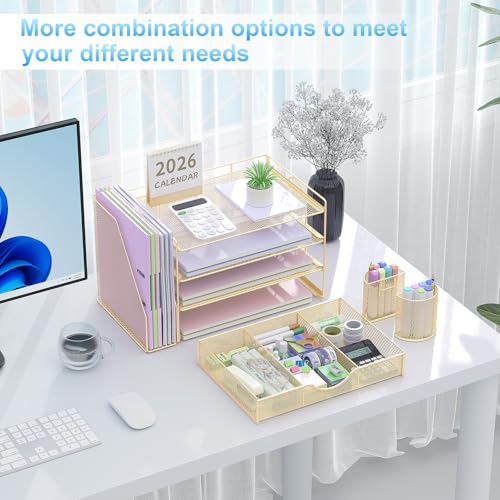Image of gianotter Desk Organizers and Accessories with File Holder, 4-Tier Desk Accessories & Workspace Organizers with Drawer and 2 Pen Holder, Paper Organizer for Office Supplies(Gold)