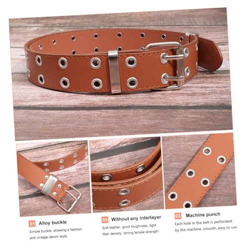 Punk Style Double Row Belt for Men and Women Durable Pu Waist Belt Brown for Jeans and Casual Wear Simple and Comfortable Design4