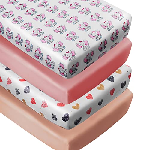 Image of 4 Pack Baby Girl Crib Sheets Fitted Pink Crib Sheet Portable Mattress Cover or Toddler Bed Sheets for Girls (Elephant)