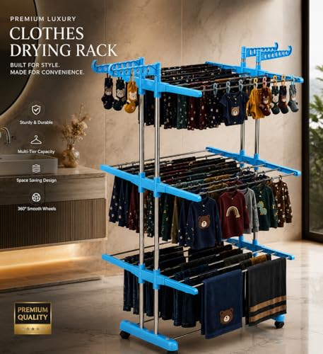 Image of SUNDRY 1pc 3-Tier Rolling Clothes Drying Rack,Freestanding Rack for Bathrooms, Apartments, and Laundry Rooms, with 360 Wheels for Easy Movement