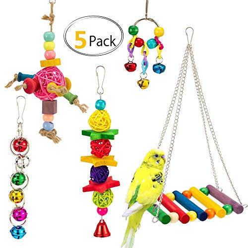 AUOKER Bird Swing Toys, Bird Parrot Toys Hanging with Bell, Pet Parrot Cage Hammock Hanging Toy Perch for Budgie Love Birds Conures Small Parakeet Finches Cockatiels - 5PCS