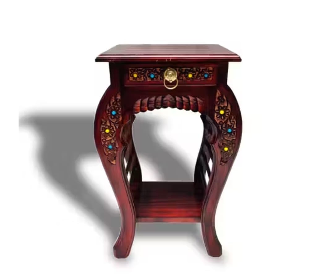 SIMHEED Traders Wooden Side Table with Drawer, Mahogany, Hand-Carved Floral Design, 35.56 x 30.48 x 53.34 cm-image-45