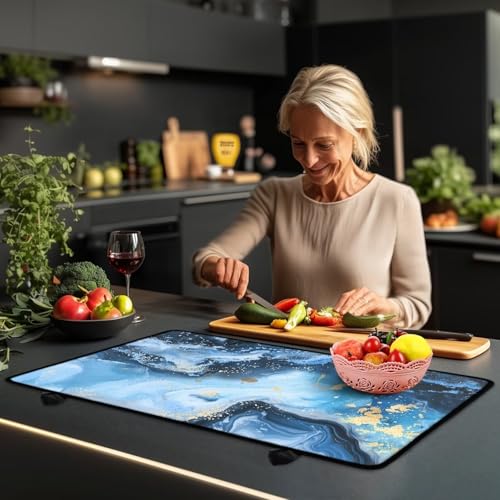 Image of Poceacles Ceramic Glass Stove Top Cover for Electric Stove, Non-slip Stove Mat Stovetop Protector Cover Multipurpose Desk Saver Pad for Counter Top, Blue Gold Marble