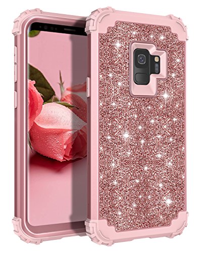 LONTECT Compatible Galaxy S9 Case Luxury Glitter Sparkle Bling Heavy Duty Hybrid Sturdy High Impact Shockproof Protective Cover Case for Samsung Galaxy S9 - Shiny Rose Gold