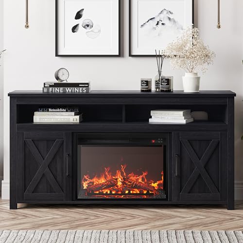 BELLEZE 58 Rustic Grey TV Stand with 23 Electric Fireplace for TVs up to 65