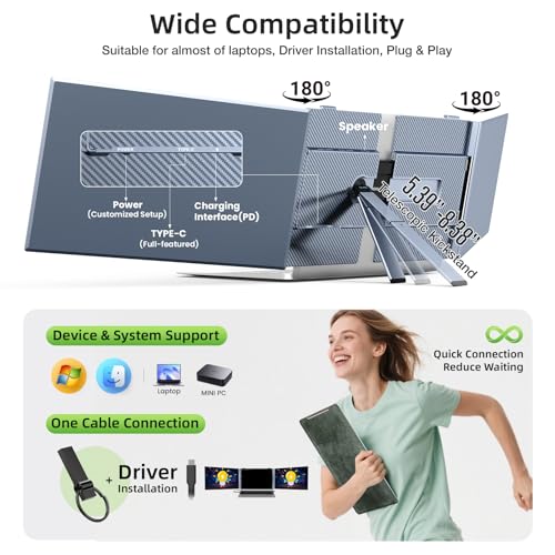 SMISEACOW Tragbarer Monitor für Laptop, superdünn und leicht, 14 Zoll FHD 1080P S8 Ultra Dual Tragbarer Monitor-Treiber über ein Kabel, Plug & Play für 13-17 Zoll Laptop, kompatibel mit Wins/Mac/Linux