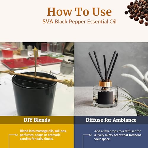 Image of SVA Black Pepper Essential Oil 4 Fl Oz - for Diffuser, Skin & Hair Care - Ideal for Massage & DIY Blends - with Dropper