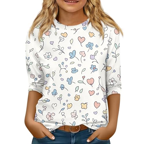 Tops for Teen Girls Round Neck Floral Print 3/4 Sleeve Teen Clothes Flowy Shirts Three Quarter Length Outfits
