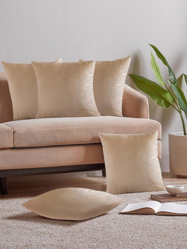 Image of Amazon Brand - Umi Velvet Decorative Cushion Cover 16x16 Inch - Set of 5, Soft Solid Square Throw Pillow Covers for Sofa, Living Room or Home Decor - 40x40 cm in Beige Color