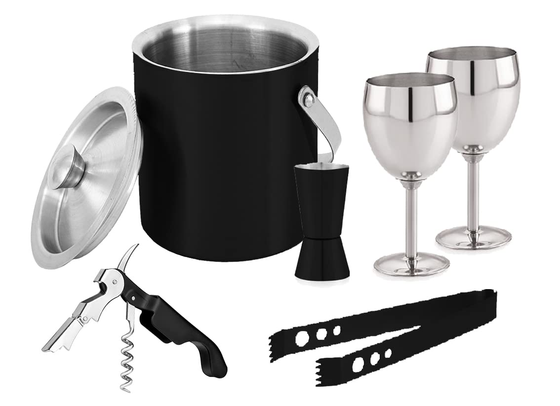 finality Stainless Steel Double Walled Insulated Ice Bucket with Lid & Handle ||Ice Tong ||Peg Measure|| Wine Opener|| Goblet Glass, Capacity-1.75ltrs, Color -Black, Keep Ice Cold for 6 Hours