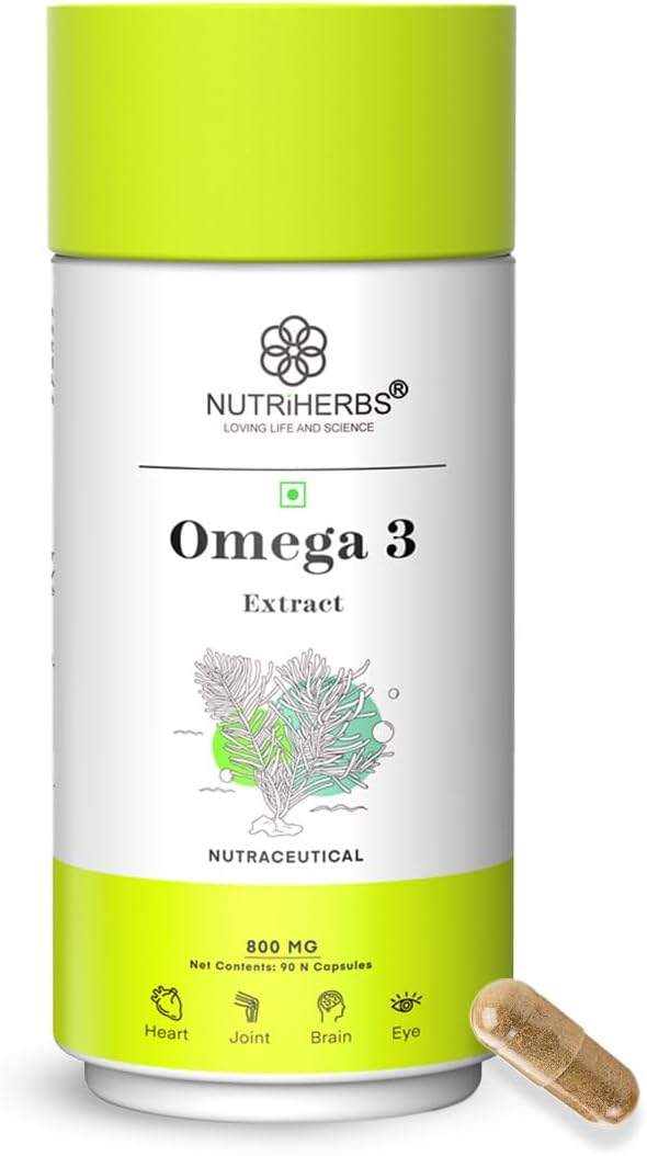 NUTRIHERBS Vegetarian Omega-3 Fatty Acids 800mg Capsule– Plant-Based DHA & EPA Supplement | Supports Heart, Brain, Joint, Eye & Skin Health | No Fish Oil | for Men & Women | 90 Capsules