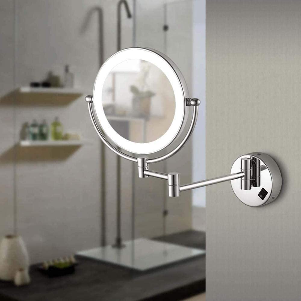 Espejos de baño iluminados de 8 pulgadas Espejo de tocador montado en la pared con Luces Espejo de maquillaje giratorio de 360 ° plegable de Doble Cara con Aumento de 5X Acabado cromado exte
