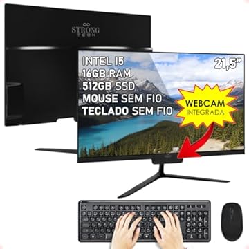 Computador All In One Preto Intel Core i5 21,5" 16GB SSD 512GB 4 Núcleos Super Turbo Hdmi Teclado e Mouse Sem Fio Strong Tech