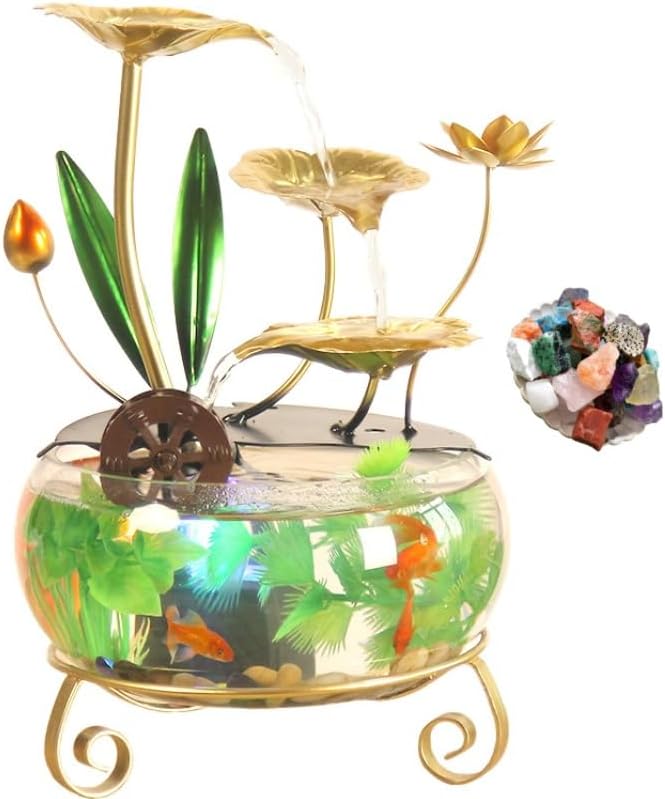 Zen Tabletop Fountain Fish Tank Decor with LED Light, Flowing Water Lotus Bowl, Indoor Desktop Water Feature with 5 Free Crystals