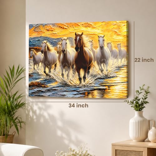 Image of PAINTINGMANTRA 9 Running Horses Vastu Stretched Canvas Painting For Living Room| Strength & Forward Energy Nine Horse Painting for Bed Room, Home & Office, 22x34 Inch