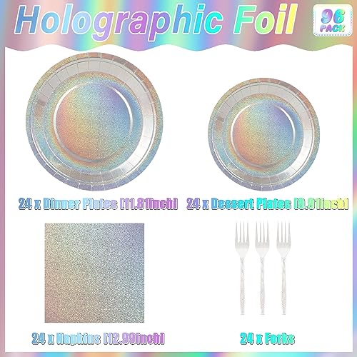Image of 96 Pcs Iridescent Birthday Tableware Set Iridescent Party Supplies Decorations Holographic Foil Paper Plates and Napkins for Bachelorette Wedding Y2K Disco 24 Guest Birthday Party Favor