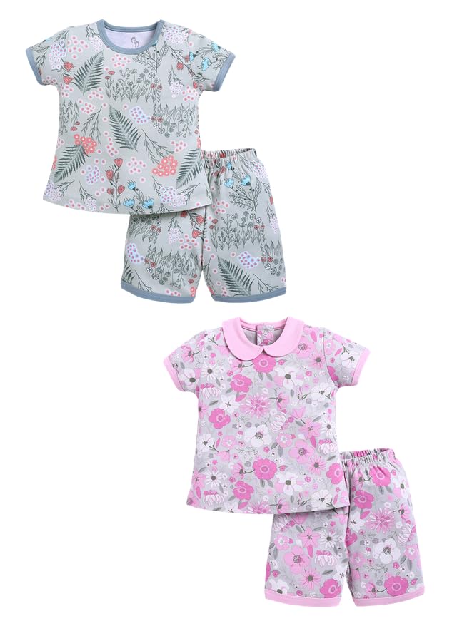 Image of Baby Girls 100% Cotton Printed Half Sleeve T-shirt & Short Summer Clothing Sets (Pack Of 2)