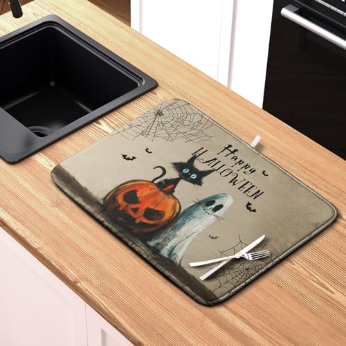 Happy Halloween Dish Drying Mat for Dishs 18x24 Inch Halloween Pumpkin Ghost Black Cat Kitchen Drying Mat Spooky Spiderweb Holiday Dish Drainer Mat Super Absorbent Dish Rack Pad for Coffee Bar Sinks by Kwlegh - Used condition - Image 6