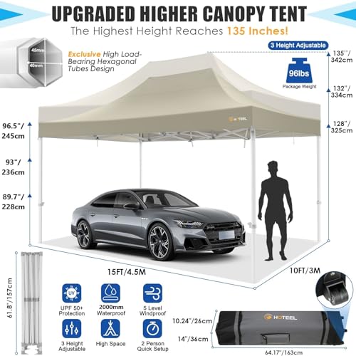 Image of HOTEEL Tents for Parties 10x15 Pop Up Canopy Tent Heavy Duty Instant Outdoor Canopy Commercial Event Tent Wedding with Roller Bag, UV 50+ & Upgraded No Water Accumulation, Thick Hexagonal Legs, Khaki