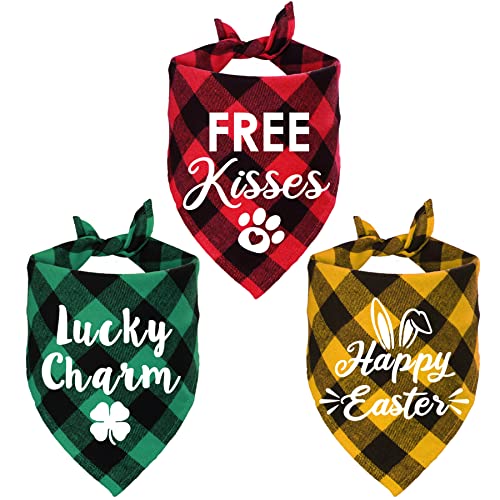 STMK 3 Pack Holiday Plaid Dog Bandanas, Valentine's Day St. Patrick's Day Easter Plaid Dog Puppy Bandanas for Dog Puppy Holiday Party Supplies (Free Kisses & Lucky Charm & Happy Easter)