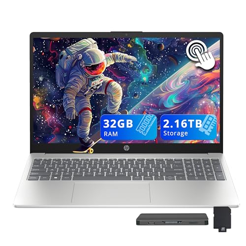 Image of HP 15.6 inch HD Touchscreen Laptop, Intel i3-1315U, 32GB RAM, 2.16TB Storage(2TB SSD + 160GB Docking Station Set), Intel UHD Graphics, Full Size Keyboard, HD Camera, Wi-Fi 6, Windows 11, Silver
