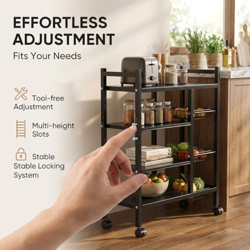 Image of COMFYHOME Kitchen Organizer Rack Shelf with Wheels - Adjustable 4-Tier Microwave Stand with Storage Shelves, Storage Rack with 3 Wire Baskets, Microwave Stand, Metal Kitchen Cart for Pantry