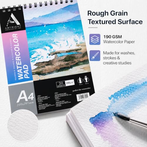 Image of ArtRight Artists' Watercolor Paper Pad A4 190 GSM - 20 Sheets of Handmade Rough Grain Water Colour Papers, Ideal for Artist, Professional Drawing, Painting Dry & Wet, Fine Art, School, Student, Watercolor