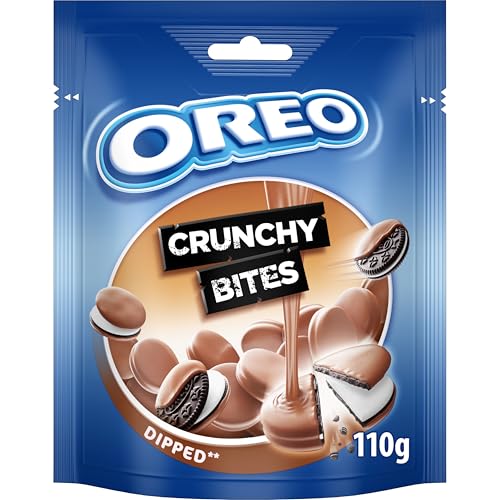 Oreo Crunchy Bites Dipped, Crujientes Galletas de Chocolate Rellenas de Crema de Vainilla con una Cobertura Sabor a Chocolate con Leche, Paquete de 110 g