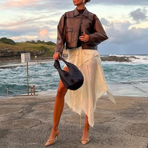 Dawery Khaki Long Sleeve Faux Leather Crop Jackets Women Winter Vintage Pocket Coat Female Warm Autumn Winter Streetwear2