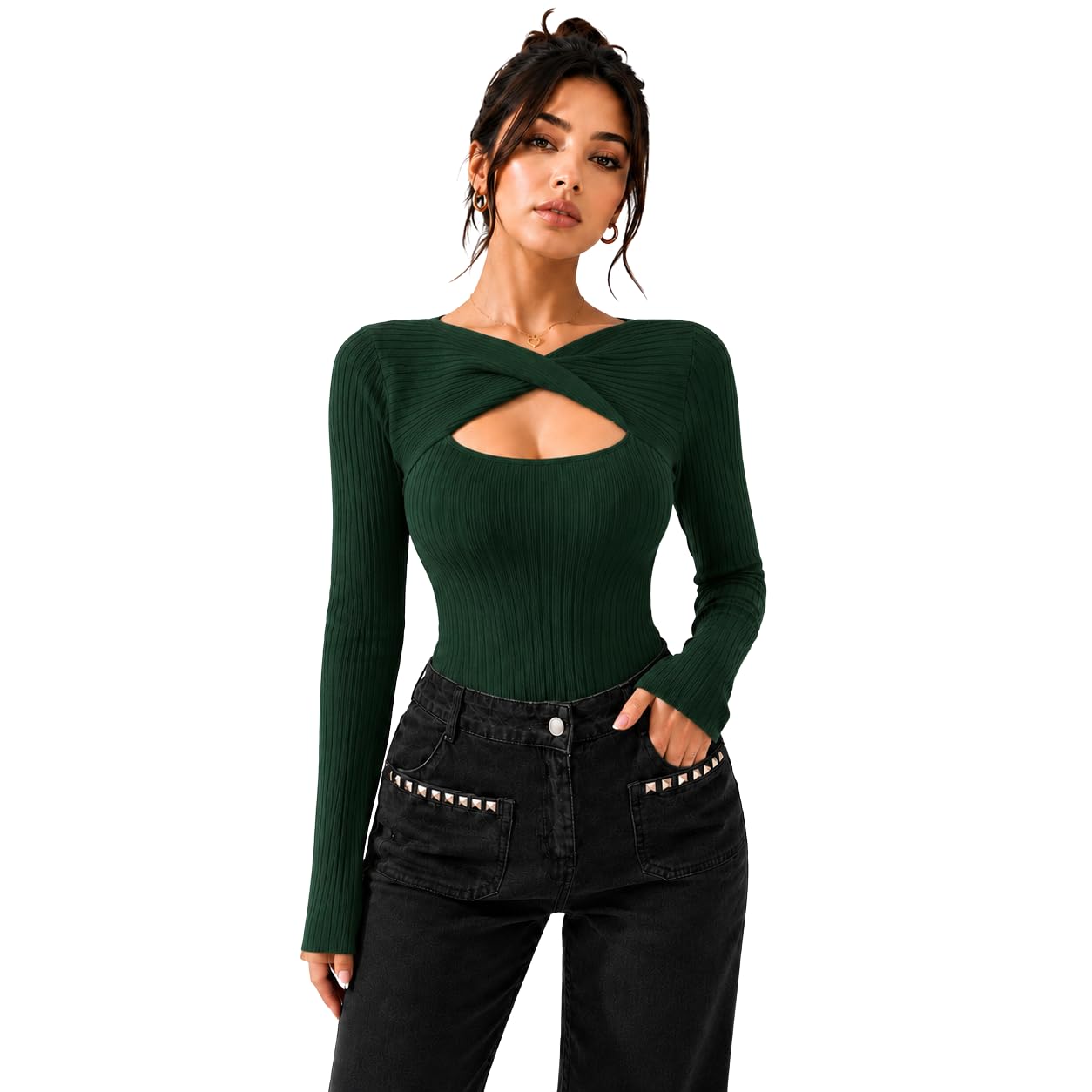 Women Ribbed Slim Fit Cut-Out Top | Long Sleeve Stretch Fashion Top for Casual & Club Wear-picture-33