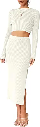 ANRABESS Women's 2 Piece Outfits Dress Fall Long Sleeve Casual Crop Sweater Top & Ribbed Knit Midi Bodycon Skirt Set