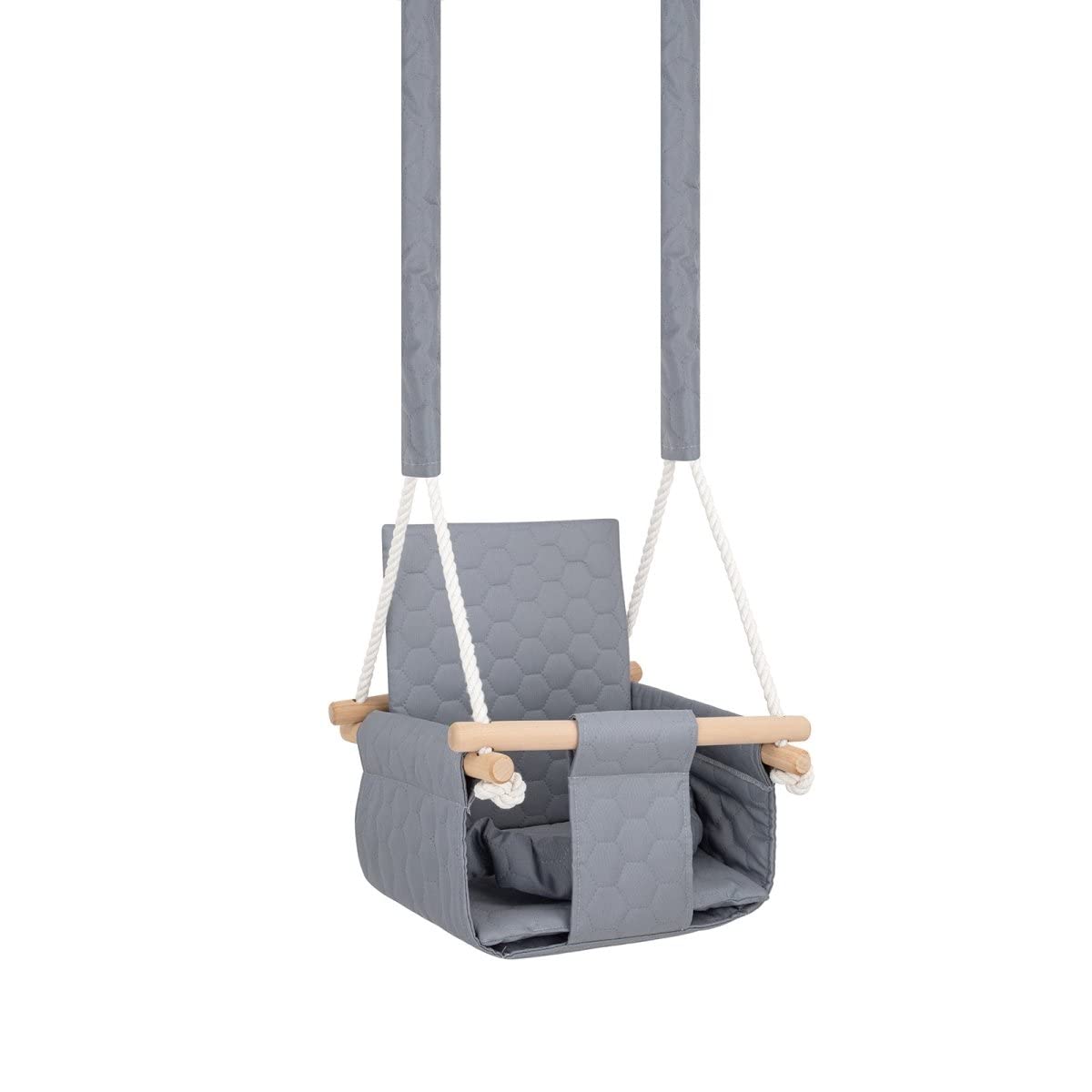 Safe Outdoor Indoor Babyschaukel - Wasserdichter Stoffsitz mit Gurten - Naturholz - 9 Monate - 3 Jahre - Belastung 20 kg - Hellgrau