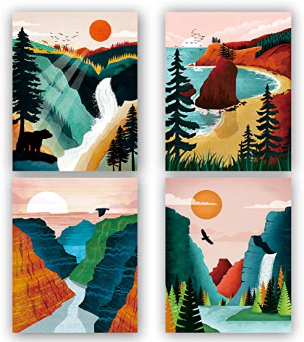 National Park Poster ,National Parks Art Prints,Nature Wall Art,Mountain Print Set Abstract Prints of Mountain Wall Art, Yellowstone, Grand Canyon , Sierra Nevada mountainsï¼ŒOlympic National Park Art For Home and Living Room Wall Art Decor Set of 4