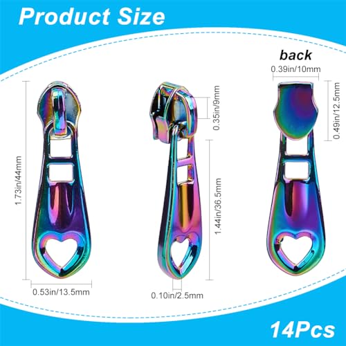 GORGECRAFT 1 Box 14Pcs Rainbow Heart Shaped Zipper Pulls Replacement Metal Zipper Sliders Alloy Zipper Pulls Tabs Zipper Repair Kit for Purse Handbag Making Craft Sewing Diy Tailor Luggages Bags - Image 2