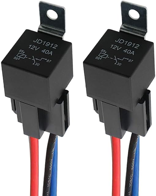 QitinDasen 2Pcs Professional 4 Pin Car Relay, 12V 40A SPST Waterproof Automotive Relay with Socket and Color-Labeled Wires Harness, for Car Truck Moto Boat (Black)