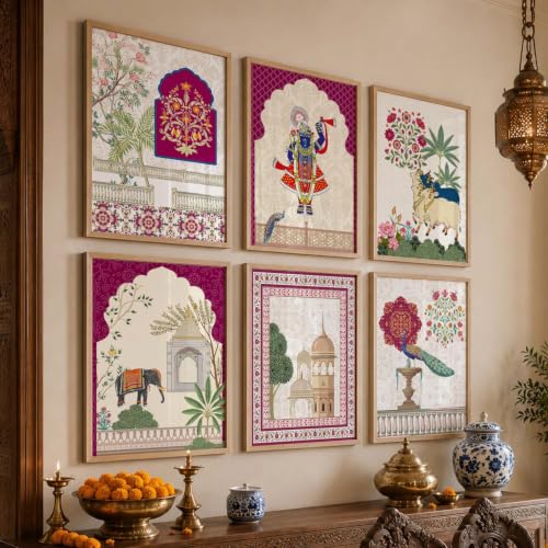 Image of KOTART Aesthetic Traditional Indian Wall Art Madhubani Paintings for Living Room | Pichwai Art Painting for Wall Decoration | Framed Painting for Home Room Bedroom Office Decor | Poster With frames | Paintings For Home Decoration | Indian Decor Frames | set of 6 (A)