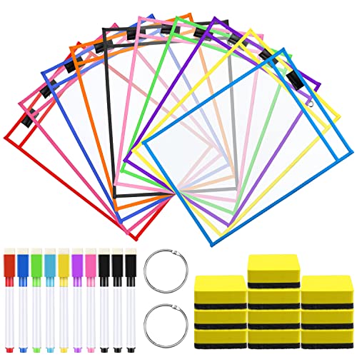 Meetory - 10 fundas de borrado en seco reutilizables de 25,5 x 35 cm, 10 colores, con 10 soportes para rotuladores, 10 gomas de borrar y 2...