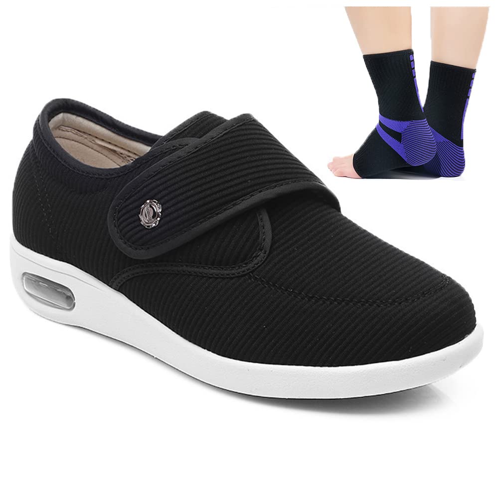 Zapatos para Diabéticos Mujer Ajustable Edema Zapatos para Hinchados Antideslizantes Transpirable Zapatos para Caminar con Artritis Zapatillas de Fascitis Plantar,Negro,39 EU