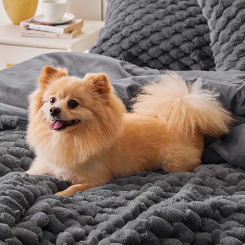 BEDELITE Fluffy Full Size Comforter Set - Dark Grey Fleece Soft Comforter for Full Size Bed, Luxury Warm Bedding Set for Winter, Fuzzy Bed Set 3 Pieces (1 Comforter, 2 Pillowcases)